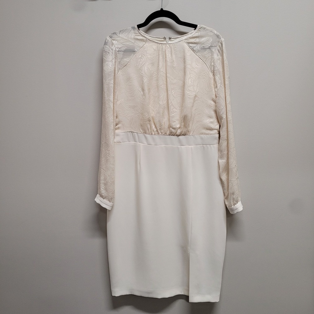 Phase Eight Cream Jacquard Sheath Dress Long Sheer Sleeve UK 14 Ivory Cocktail